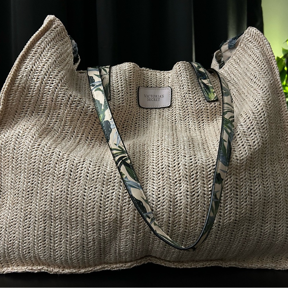 Victoria's Secret Beige Knit Tote with Floral Straps